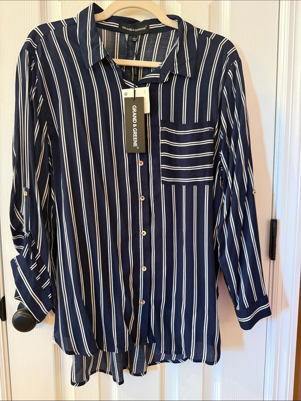 grand & greene Navy and White Vertical Stripe Button-Down Shirt
